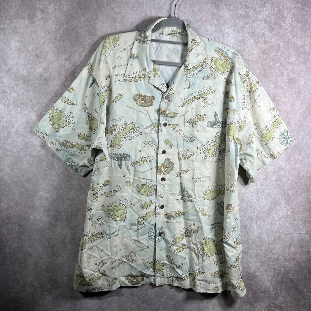 L.L. Bean Island Camp Shirt Mens XL Beige Map‎ Print Button Up Resort Vacation